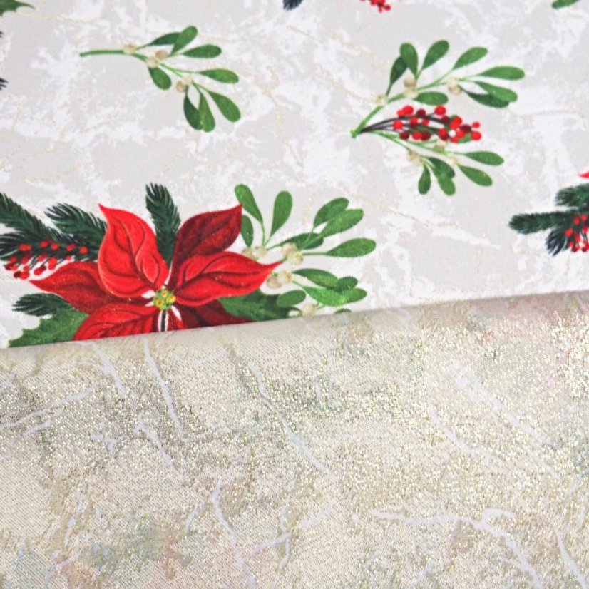 Vánoční běhoun v metráži - Poinsettia se jmelím - Šíře materiálu ↔ (cm): 38, Vyber okraje: pouze střih