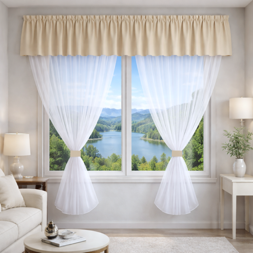 Voálový set s kanýrem Rongo - Barva: smetanová, Vyber rozměr záclony  ↕VxŠ ↔ (cm): 2x 150x150 cm + kanýr 40x300 cm