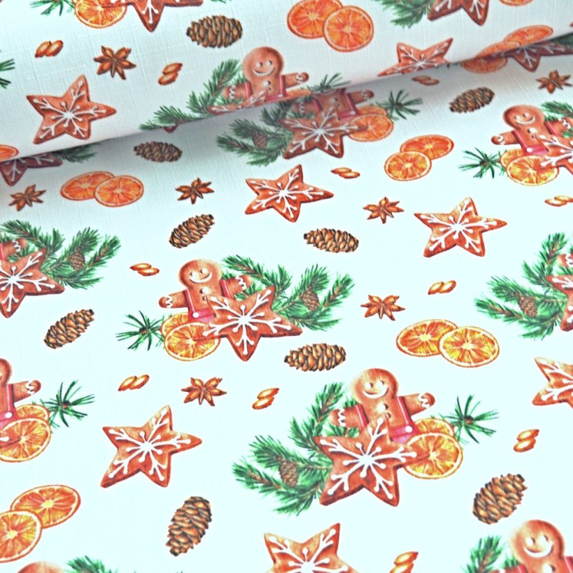 Vánoční látka na ubrusy - Perníčky – bílá - Šíře materiálu ↔ (cm): 160