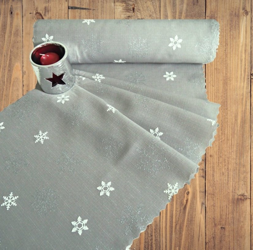 Vánoční běhoun v metráži - Sněhová vločka - šedý - Šíře materiálu ↔ (cm): 38, Vyber okraje: pouze střih