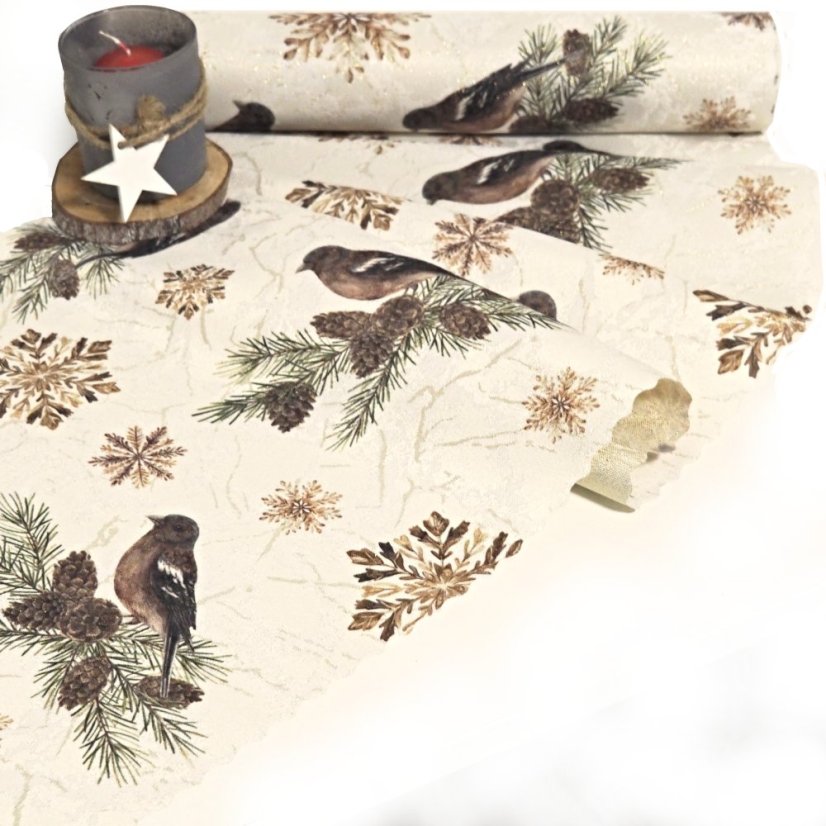 Vánoční běhoun v metráži - Ptáčci - Šíře materiálu ↔ (cm): 38, Vyber okraje: pouze střih