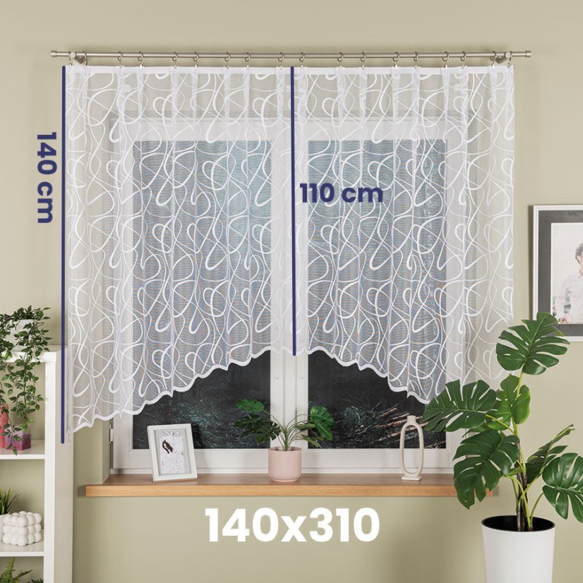 Kusová záclona Celestína - Vrchný okraj: Bez riasiacej pásky, Vyber rozmer záclony ↕VxŠ ↔ (cm): 140x310