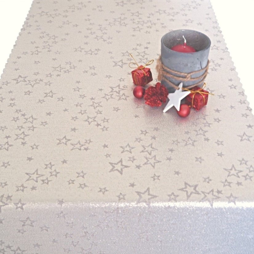 Vánoční běhoun v metráži - Hvězdné přání - Béžovo/zlatý - Šíře materiálu ↔ (cm): 38, Vyber okraje: pouze střih