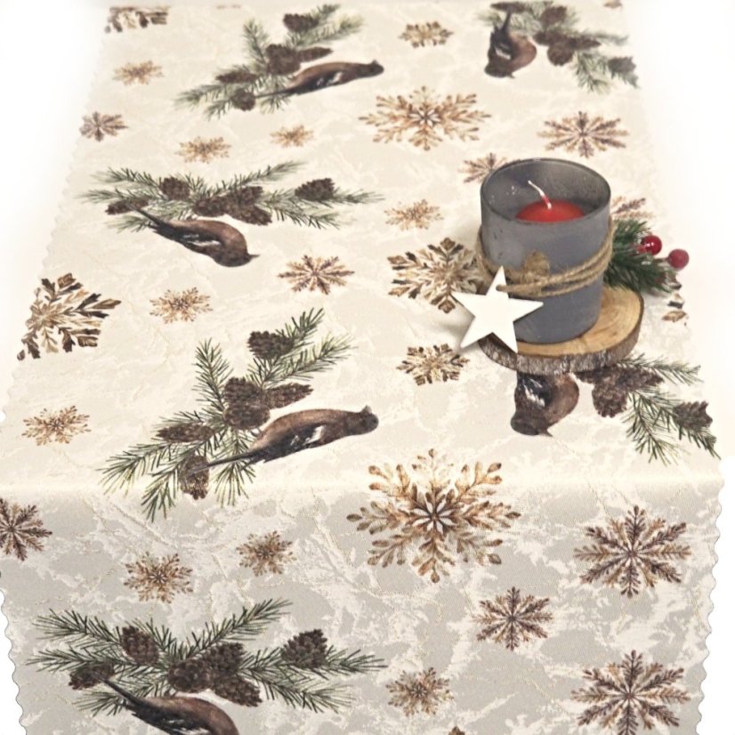 Vánoční běhoun v metráži - Ptáčci - Šíře materiálu ↔ (cm): 38, Vyber okraje: pouze střih