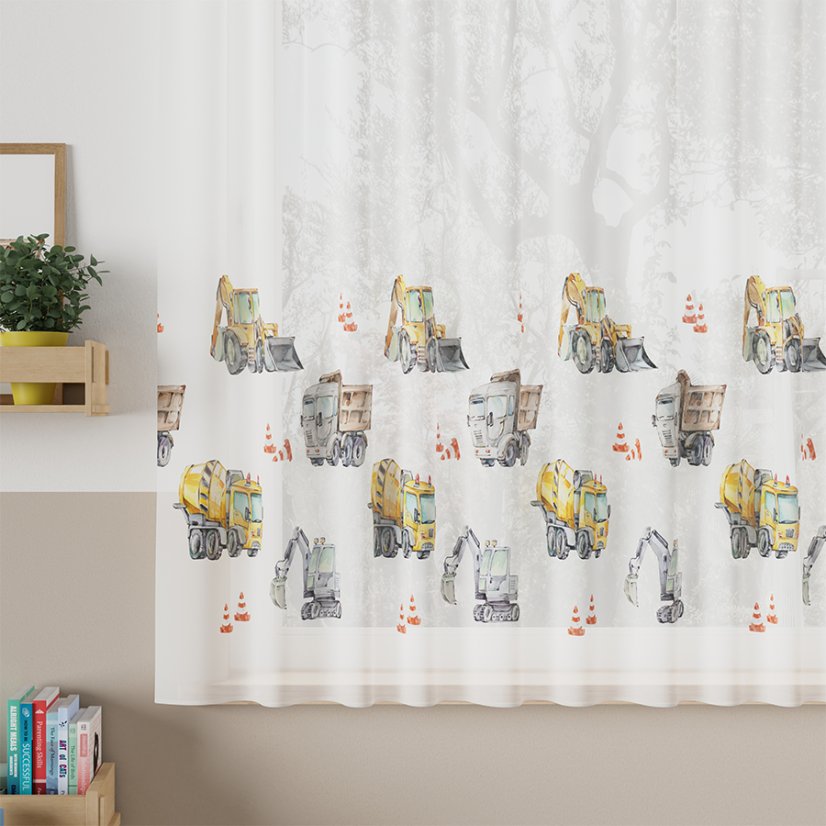 Dětský voál Stavební auta - Vyber výšku ↕ (cm): 157, Vyber šití: bez obšití