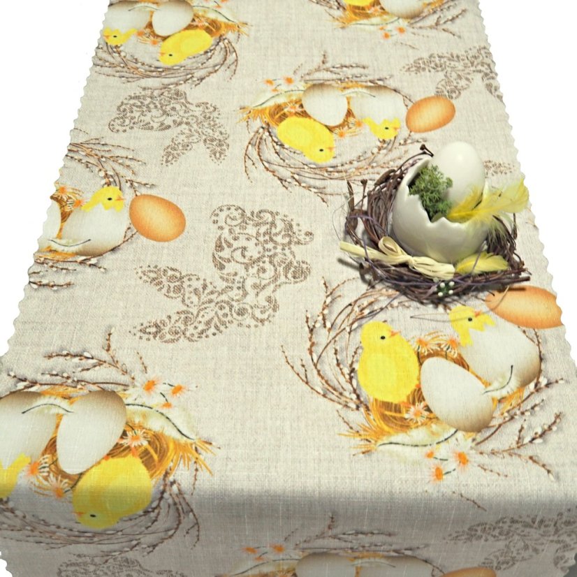Velikonoční běhoun v metráži Kuřátka - Šíře materiálu ↔ (cm): 38, Vyber okraje: pouze střih