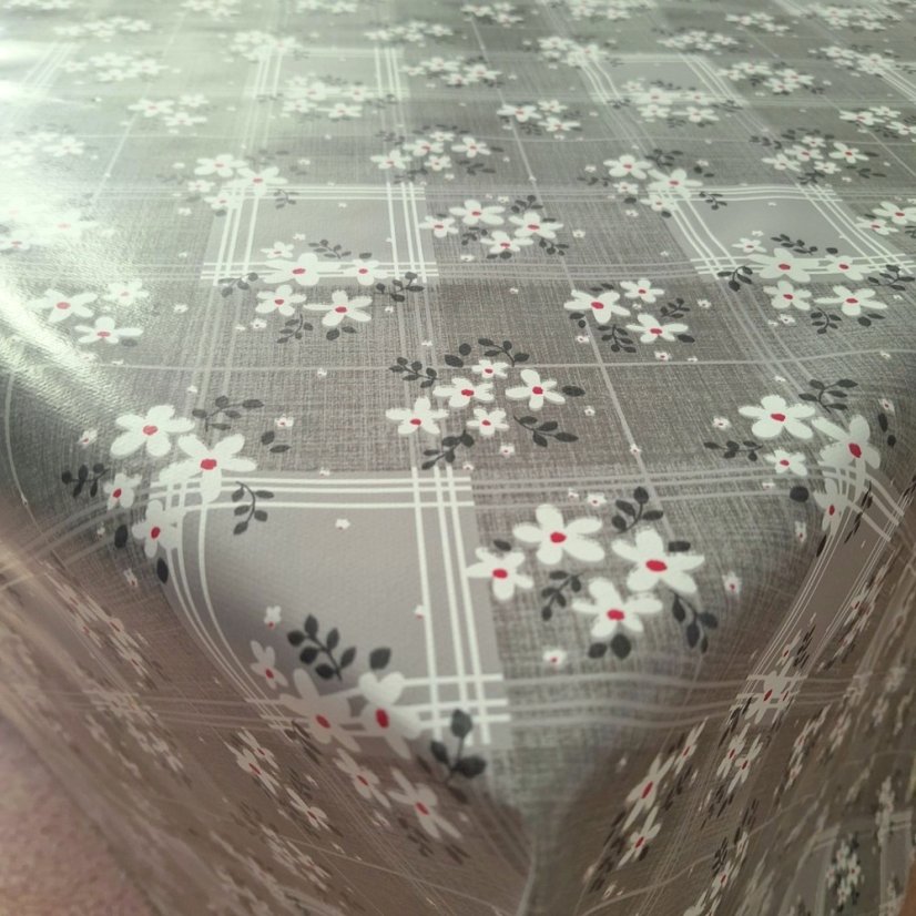 PVC obrusovina - Karo s kvetmi - šedá