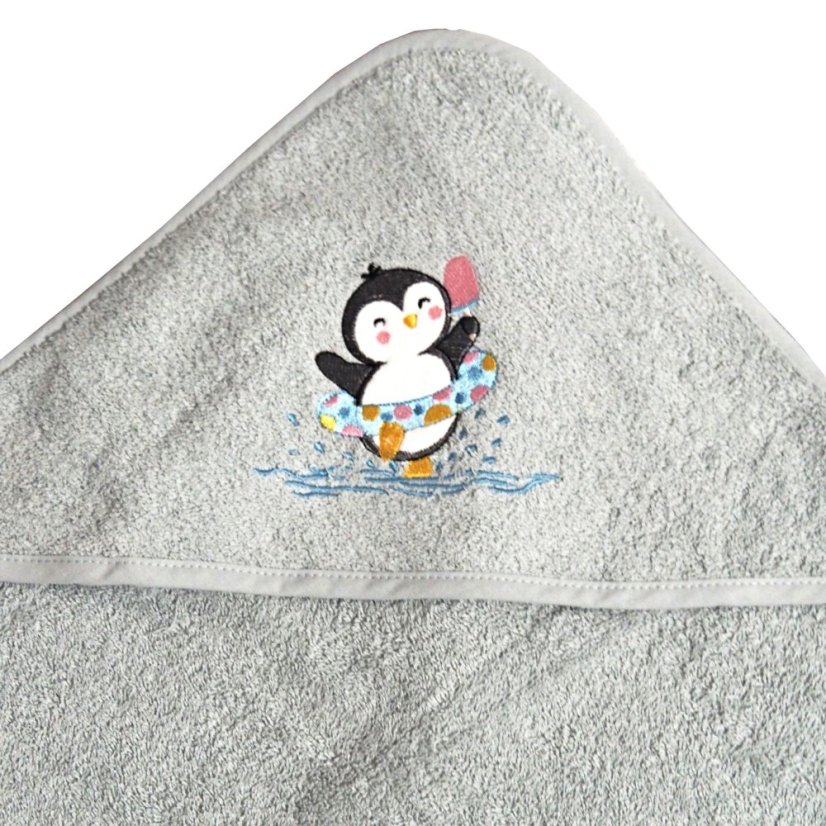 Dětská osuška s kapucí a žínkou Tučňák – šedá