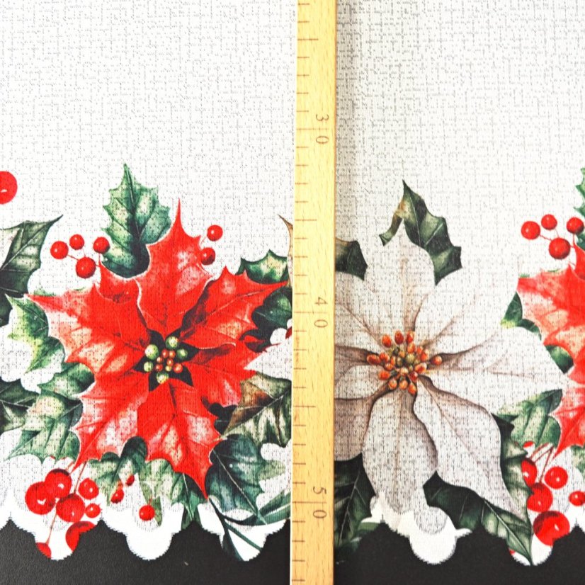 Vitrážová záclona Vánoční růže - Vyber výšku ↕ (cm): 70, Vyber šití: bez obšití