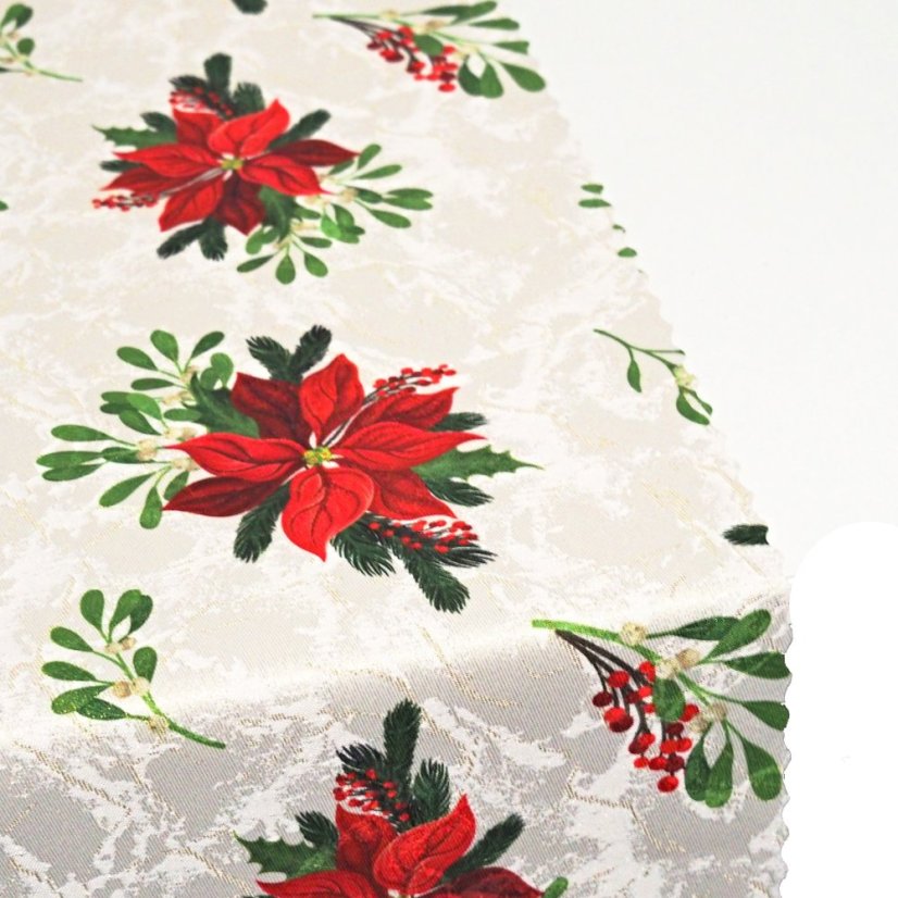 Vánoční běhoun v metráži - Poinsettia se jmelím - Šíře materiálu ↔ (cm): 38, Vyber okraje: pouze střih
