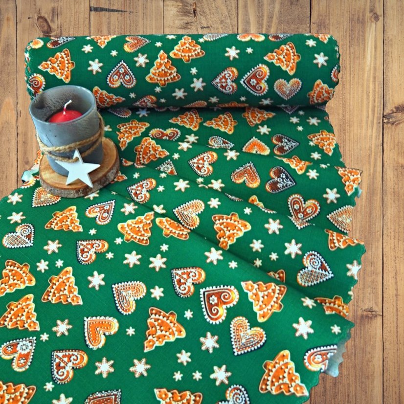 Vánoční běhoun v metráži - Perníky - zelený - Šíře materiálu ↔ (cm): 38, Vyber okraje: pouze střih