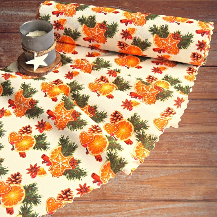 Vánoční běhoun v metráži - Perníčky – smetanové - Šíře materiálu ↔ (cm): 38, Vyber okraje: pouze střih