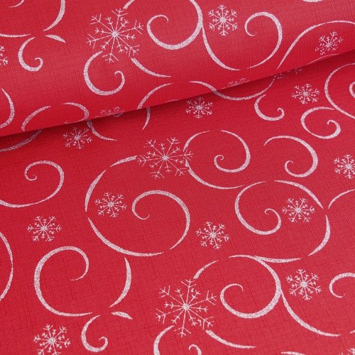 Vánoční látka na ubrusy - Vločky s vlnkou červeno/stříbrné - Šíře materiálu (cm): 160