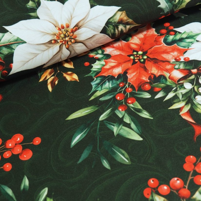 Dekorační látka Vánoční růže - zelená - Šíře materiálu ↔ (cm): 160, Vyber šití: bez obšití