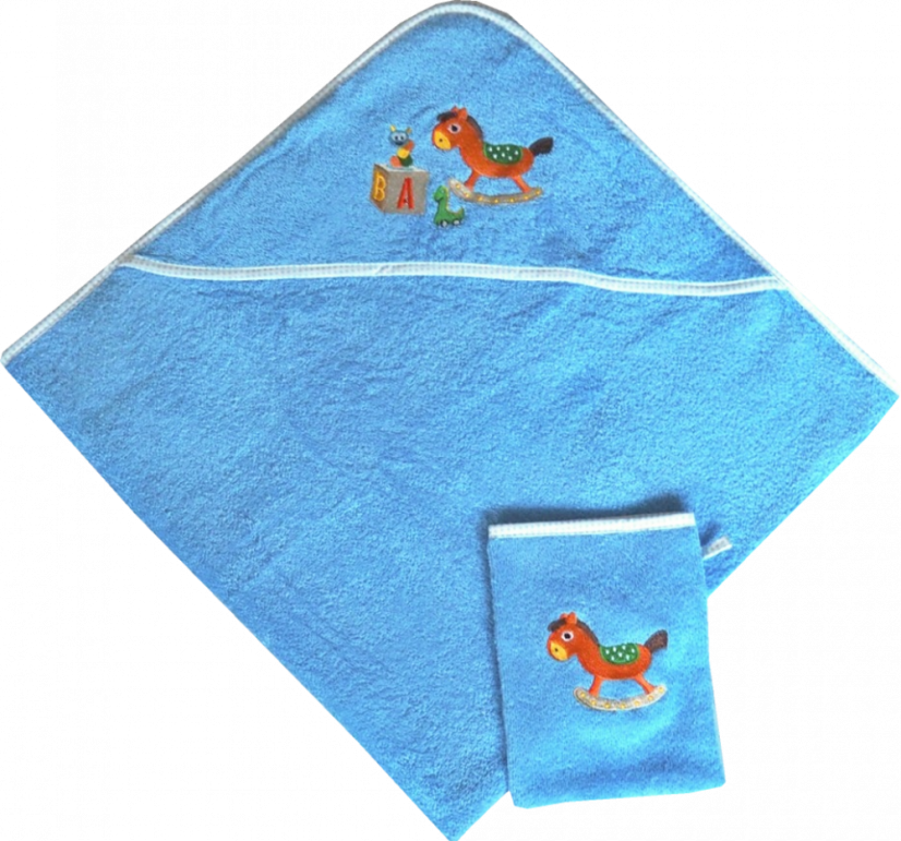 Dětská osuška s kapucí a žínkou Koník - modrá